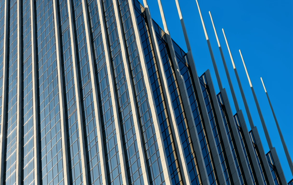 Modern architectural glass fins reflecting the Brisbane sky